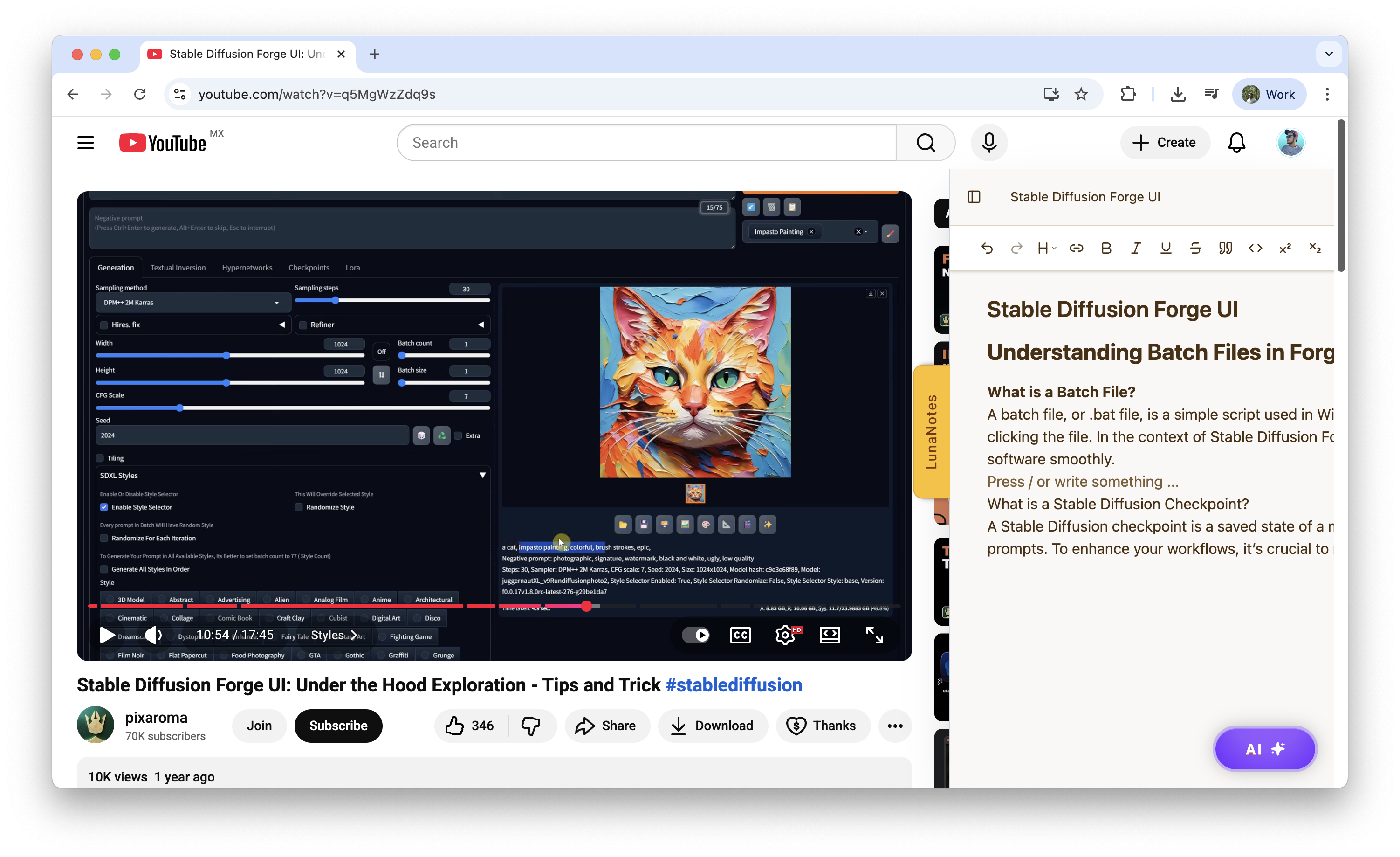 LunaNotes Dark Mode Interface - AI-powered YouTube note-taking and video summarizer app
